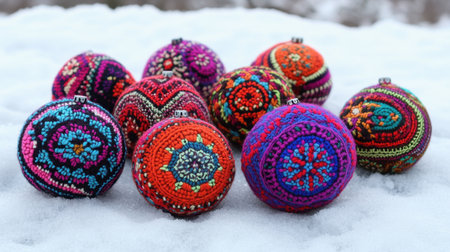 A stunning collection of handcrafted ornaments featuring vibrant colors and intricate patterns, beautifully arranged on a snowy surface, perfect for winter decor inspiration.の素材