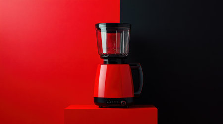 A striking image of a bright red kitchen blender set against a bold black and red background, symbolizing modern design and culinary innovation. Perfect for kitchen-related content.の素材