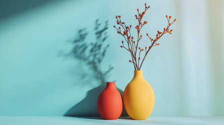 A captivating scene featuring colorful vases in yellow and red filled with delicate branches, casting enchanting shadows on a turquoise background.の素材