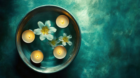 A peaceful composition featuring floating candles and delicate white flowers in a round bowl, set against a serene background, creating a calming ambiance.の素材