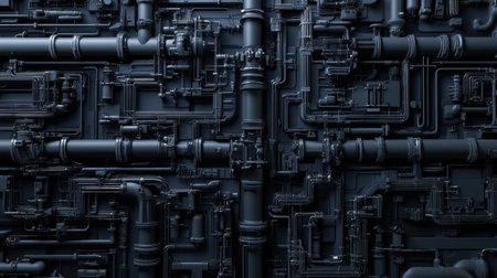 This image features a dark industrial pipe system, showcasing a complex plumbing layout with shadows and minimalist design, perfect for engineering or architecture themes.の素材
