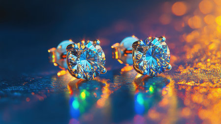 Stunning close-up of sparkling diamond earrings resting on a colorful bokeh background. The exquisite craftsmanship and brilliant reflections showcase their luxury and beauty, perfect for fashion and jewelry enthusiasts.の素材