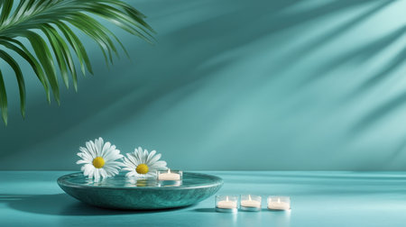 A serene arrangement showcasing white flowers floating in water beside delicate candles on a tranquil aquamarine surface, evoking peaceful ambiance.の素材