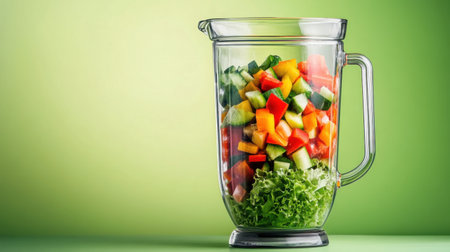 A clear blender filled with a vibrant mix of fresh vegetables on a smooth green background, showcasing preparation for a nutritious smoothie.の素材