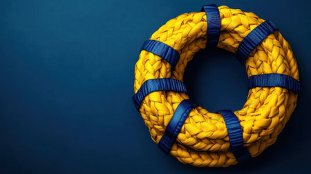 This image features a vibrant yellow handcrafted lifebuoy with blue straps, beautifully set against a deep blue background, symbolizing safety and rescue.の素材