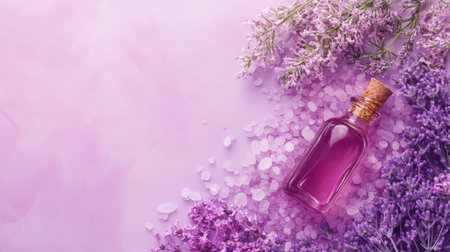 A tranquil image featuring a lavender essence bottle surrounded by fresh flowers and sea salt crystals on a soft pink background, perfect for wellness themes.の素材