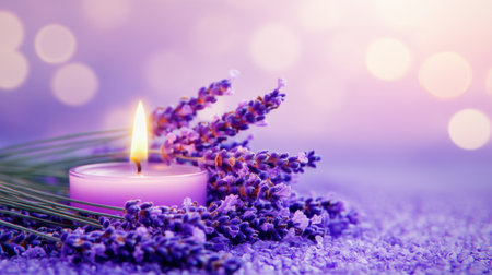 A serene composition featuring a lavender candle surrounded by fresh lavender blooms, set against a dreamy bokeh background creating a tranquil ambiance for relaxation.の素材