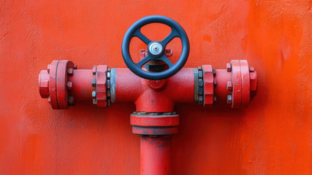 This striking image features a bright red fire hydrant valve set against a vivid orange wall. It symbolizes urban safety and emergency preparedness, showcasing essential infrastructure.の素材