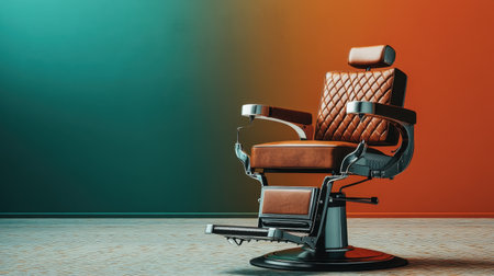 A stylish barber chair stands poised in a modern barbershop, featuring a vibrant orange and teal wall background, perfect for contemporary hair styling.の素材