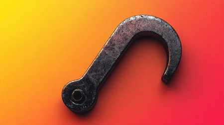 A close-up of a rusty metal hook set against a vibrant orange and yellow gradient background. This detailed shot showcases the design and texture, perfect for industrial themes.の素材