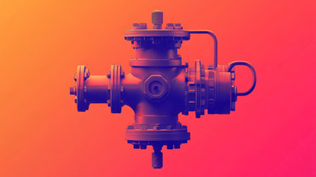 This image showcases a unique industrial valve against a vibrant gradient background, emphasizing the elegance of machinery within modern design.の素材