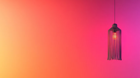 A stunning hanging light fixture emits a warm glow against a vibrant gradient background of pink and orange hues, enhancing any modern decor.の素材