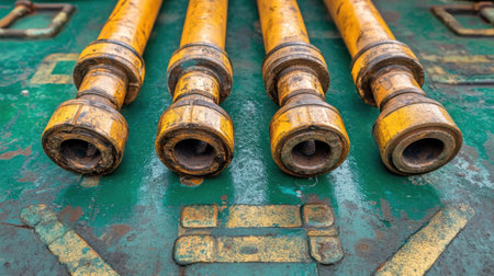 Close-up view of weathered yellow hydraulic pipes resting on a green industrial surface, showcasing texture, wear, and mechanical details in an outdoor setting.の素材