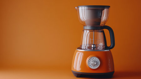 A sleek and modern coffee maker featuring a transparent top and a bold orange base, perfect for any contemporary kitchen setup. Ideal for coffee lovers.の素材
