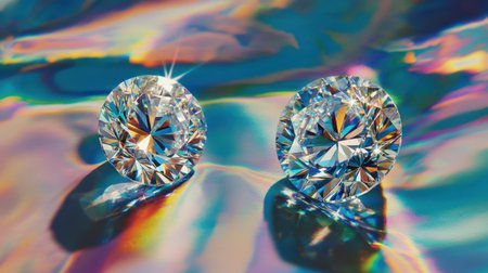 Two exquisite diamonds reflect a spectrum of colors on an iridescent surface, showcasing their brilliance and clarity under bright light.の素材