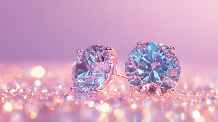 This exquisite image captures two round brilliant cut diamonds glimmering against a soft pink background, showcasing luxury and elegance in jewelry design.の素材