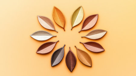 Explore an artistic display of leaves arranged in warm, earthy tones against a soft orange background, perfect for nature-inspired projects and designs.の素材