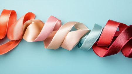 A stunning array of colorful satin ribbons in a variety of shades curled together on a light blue background. Perfect for crafts, gift presentations, or decorative purposes.の素材