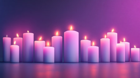 A serene arrangement of softly glowing candles in varying heights, set against a beautiful purple gradient background, perfect for creating a relaxing atmosphere.の素材