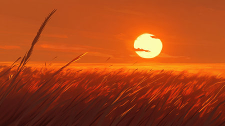 A stunning sunset casts a warm glow over a field of grasses, with silhouetted reeds framing the horizon. This tranquil scene evokes feelings of peace and serenity.の素材