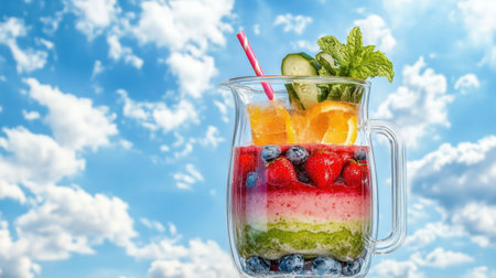 A clear jug filled with a delightful summer fruit drink showcases bright layers of berries, citrus, and mint, perfect for warm days outdoors.の素材