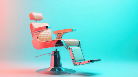 A stylish modern barber chair with retro elements, featuring a sleek design and vibrant background, perfect for use in hair styling and grooming services.の素材