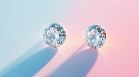 Two stunning round diamonds are artistically displayed against a soft pastel background, showcasing their brilliance and clarity. The light reflections create a captivating atmosphere of elegance.の素材