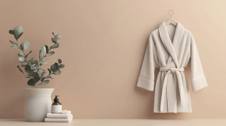 A serene bathroom scene featuring a plush robe hanging against a warm, neutral wall, complemented by a stylish plant and elegant accessories that promote relaxation.の素材
