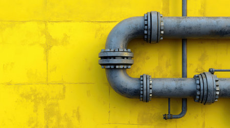 A detailed view of a metallic pipe installation against a bright yellow wall, showcasing industrial design and texture, ideal for architecture and construction themes.の素材