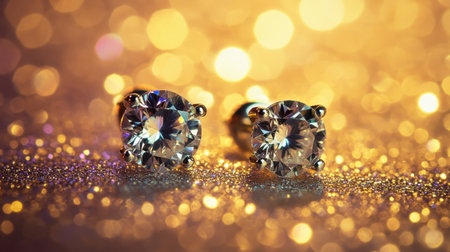 Stunning close-up of sparkling diamond earrings set against a glittering background with bokeh lights. Perfect for jewelry showcases and fashion themes.の素材