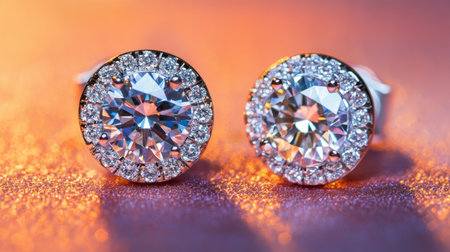 Close-up view of elegant diamond stud earrings featuring sparkling detailing against a colorful background, perfect for showcasing luxury and style.の素材