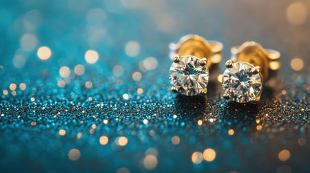 This stunning image features elegant diamond earrings set against a vibrant blue glitter background, showcasing luxury and glamour with a soft focus effect.の素材