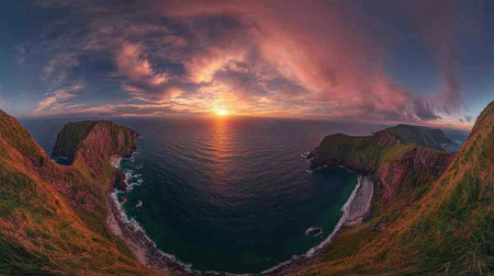 Experience a breathtaking panoramic view of ocean cliffs at sunset, featuring vibrant skies and tranquil waters in a serene landscape.の素材