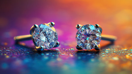 This stunning close-up photo showcases sparkling diamond earrings against a vibrant, colorful background with a mesmerizing bokeh effect. Ideal for jewelry displays.の素材