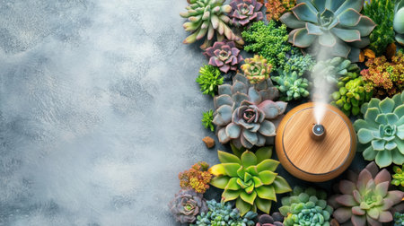This image showcases a wooden aromatherapy diffuser surrounded by vibrant succulent plants, ideal for promoting relaxation and a serene home environment.の素材