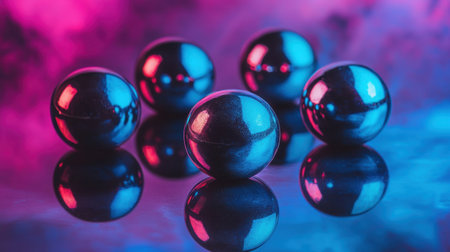 A captivating still life composition featuring glossy metallic spheres reflecting vibrant blue and pink hues. Ideal for artistic and modern designs.の素材