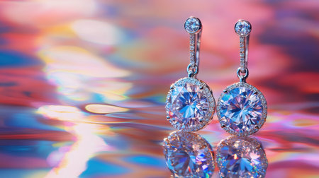 Captivating image of sparkling drop earrings featuring round cut diamonds, set against a vibrant iridescent background that enhances their beauty.の素材