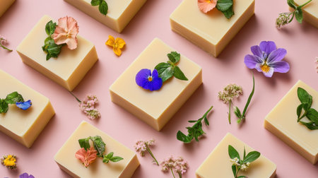 This image features an artistic arrangement of natural soap bars adorned with colorful flowers on a soft pink background, creating a serene and elegant atmosphere.の素材