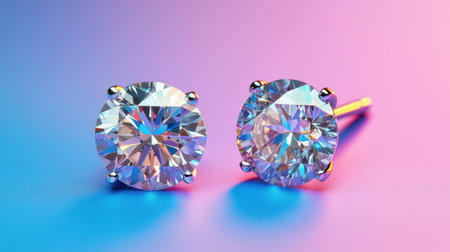 A captivating close-up image of elegant diamond earrings resting on a colorful gradient background, showcasing their striking details and brilliance.の素材