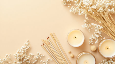 This serene composition features white candles surrounded by delicate dried flowers on a soft beige background, creating a tranquil and calming atmosphere perfect for relaxation and wellness.の素材