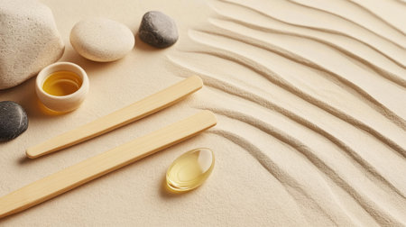 A serene and tranquil arrangement featuring smooth stones, gentle sand patterns, wooden tools, and essential oil, perfect for promoting relaxation and mindfulness.の素材
