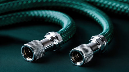 This image features a green garden hose with sturdy metal fittings, perfect for outdoor watering and gardening. Its durable design offers flexibility and reliability.の素材