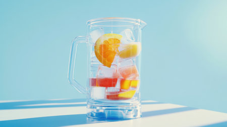 This vibrant image features a clear pitcher filled with fruit-infused water, ice cubes, and fresh citrus slices. Perfect for hydration, this visual captures summer freshness and wellness.の素材