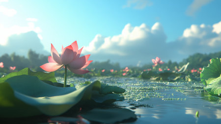 A stunning close-up of a pink lotus blossom emerging from tranquil water, surrounded by lush greenery under a bright blue sky, creating a peaceful atmosphere.の素材