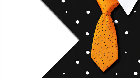 This creative flat lay features a vibrant orange tie adorned with polka dots against a sleek black background, perfect for showcasing fashion, business style, or modern accessories.の素材