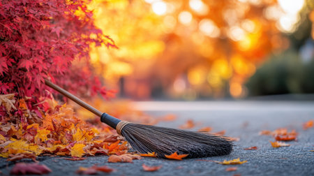 A close-up view of a broom resting on a pathway covered with colorful autumn leaves, set in a serene outdoor environment, capturing the essence of fall.の素材
