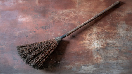 A rustic broom featuring natural fibers with a wooden handle, set against a textured brown background, perfect for a variety of home and cleaning themes.の素材