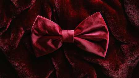 A stylish velvet bow tie rests on a soft red fabric backdrop, showcasing a classic and elegant accessory perfect for formal events and celebrations.の素材