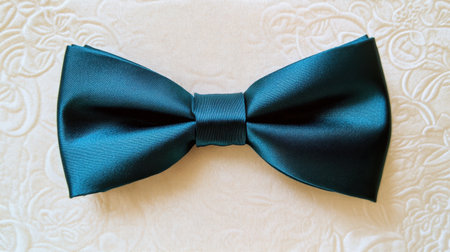 This image features an elegant dark teal silk bow tie placed on a textured background, showcasing its refined design perfect for formal or casual events.の素材