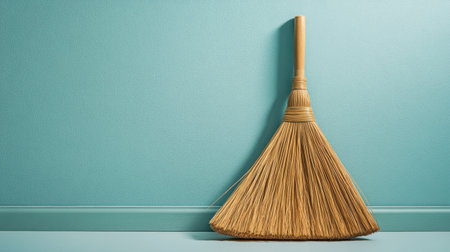 A broom placed against a soothing light blue wall, highlighting the charm of minimalist design. This image captures the essence of cleanliness and organization.の素材
